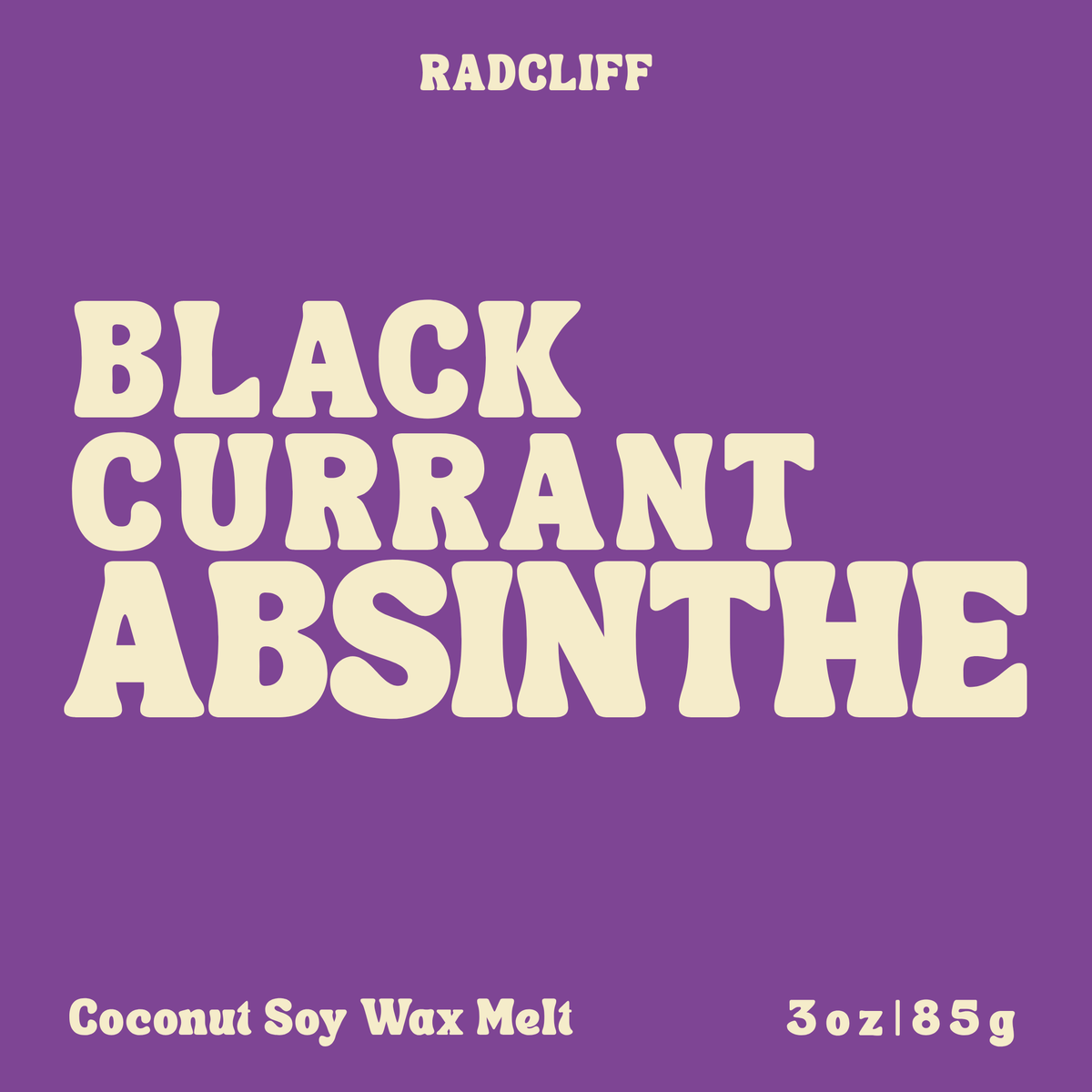 Radcliff Black Currant Absinthe coconut soy wax melt, 3 oz label