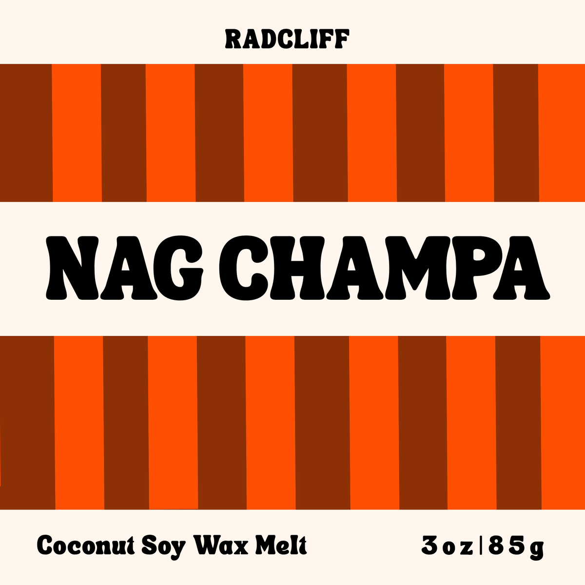 Radcliff Nag Champa coconut soy wax melt, 3 oz label
