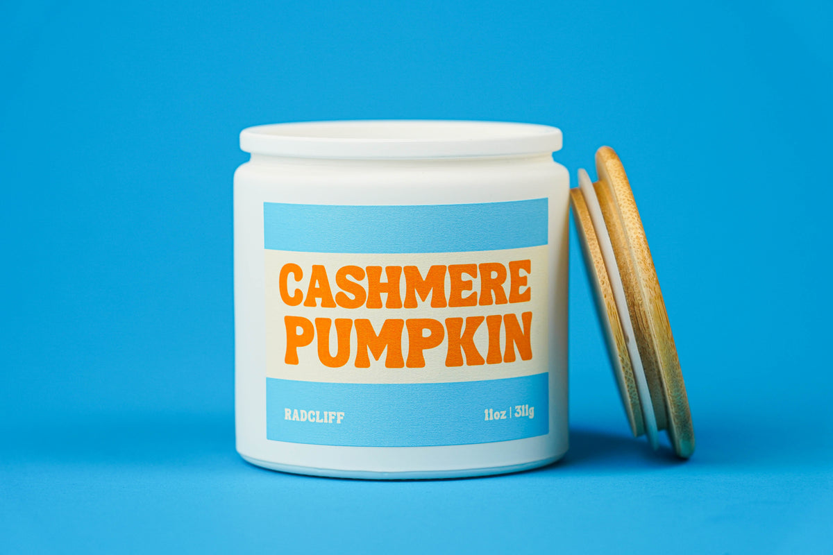 Cashmere Pumpkin Candle - 11 oz white jar, lid off