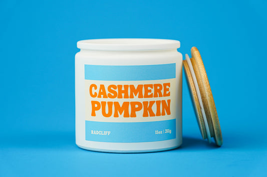 Cashmere Pumpkin Candle - 11 oz white jar, lid off