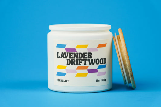 Lavender Driftwood Candle - 11 oz white jar, lid off