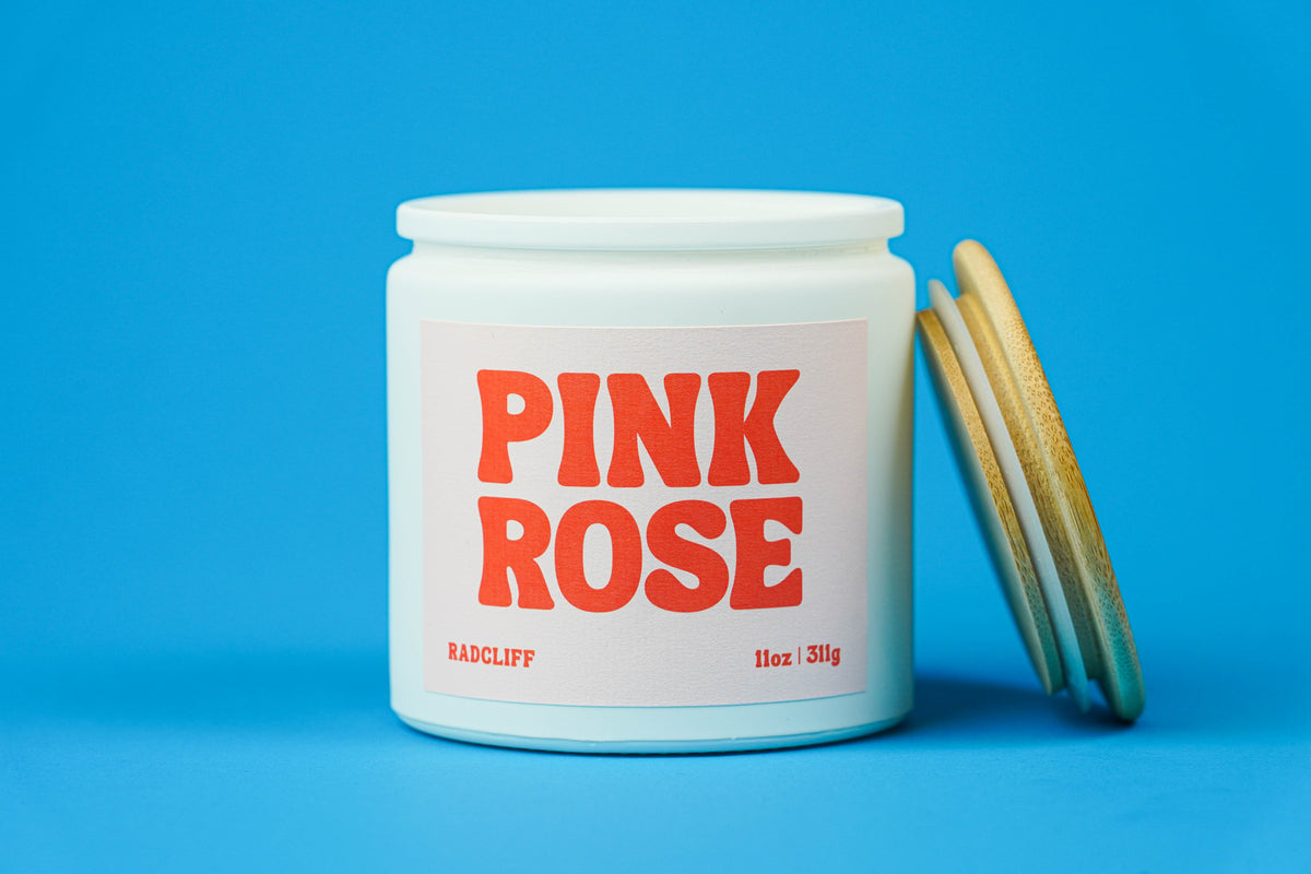 Pink Rose Candle - 11 oz white jar, lid off