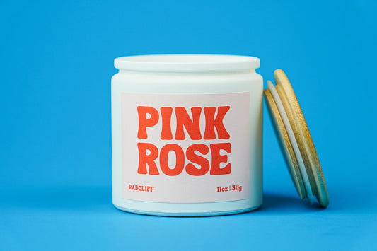 Pink Rose Candle - 11 oz white jar, lid off