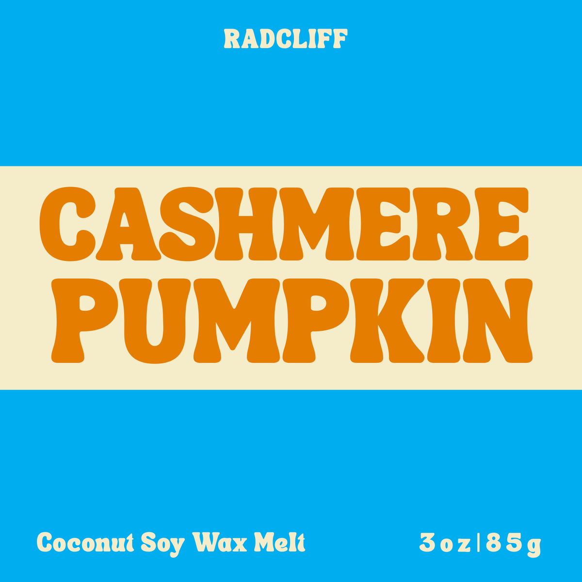 Radcliff Cashmere Pumpkin coconut soy wax melt, 3 oz label