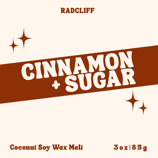 Radcliff Cinnamon + Sugar coconut soy wax melt, 3 oz label