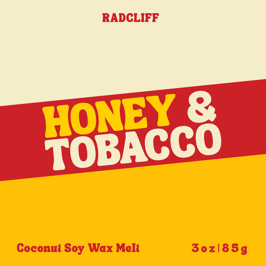 Radcliff Honey & Tobacco coconut soy wax melt, 3 oz label