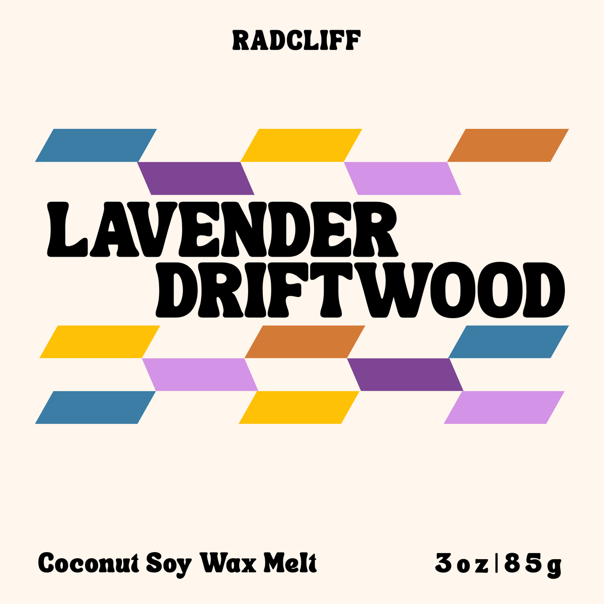 Radcliff Lavender Driftwood coconut soy wax melt, 3 oz label