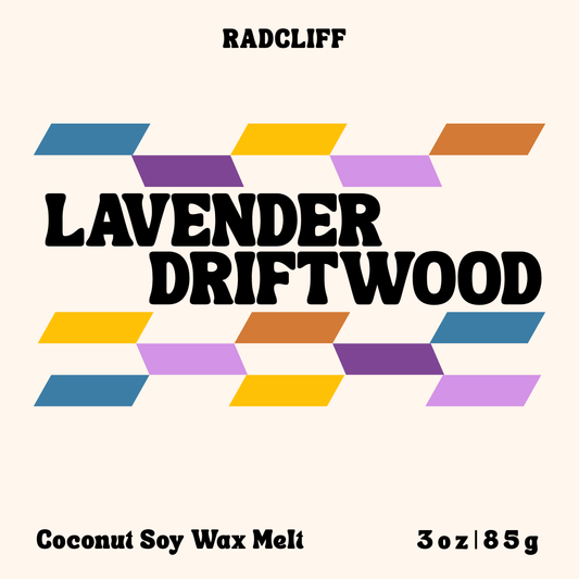 Radcliff Lavender Driftwood coconut soy wax melt, 3 oz label