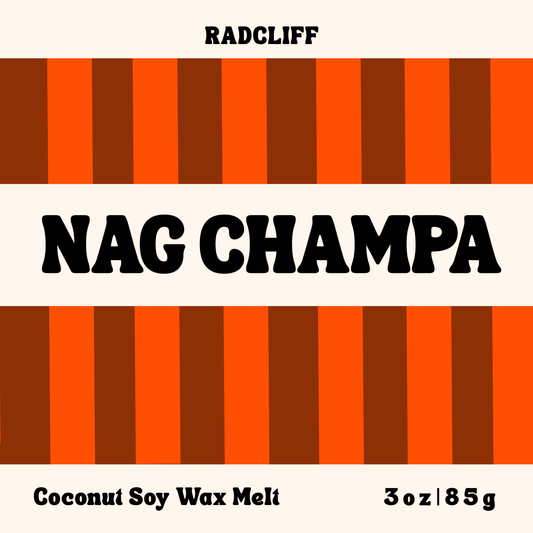 Radcliff Nag Champa coconut soy wax melt, 3 oz label