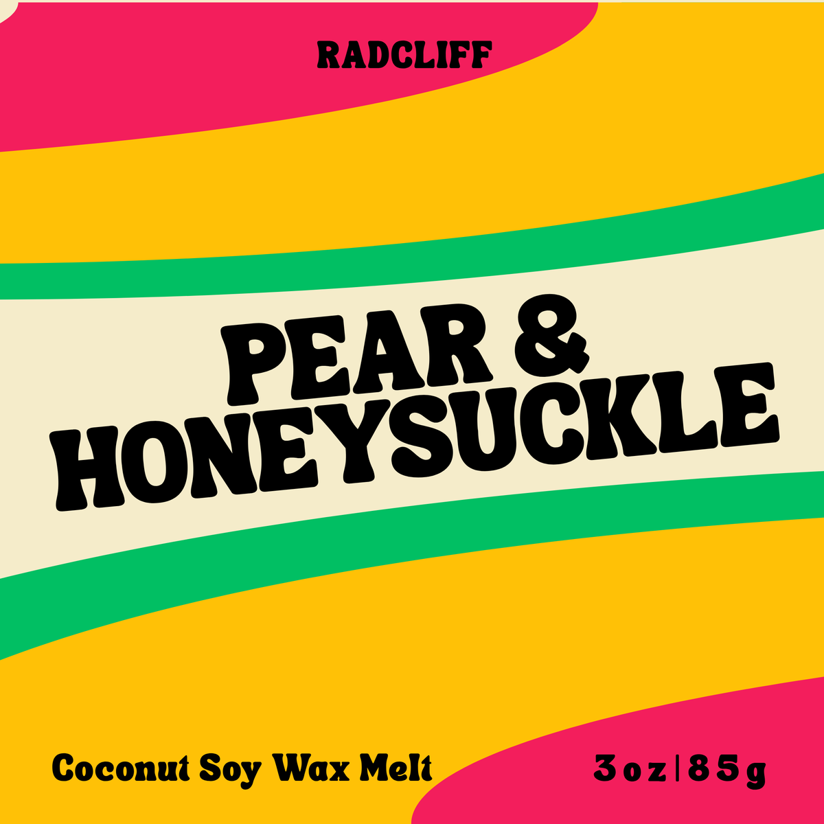 Radcliff Pear & Honeysuckle coconut soy wax melt, 3 oz label
