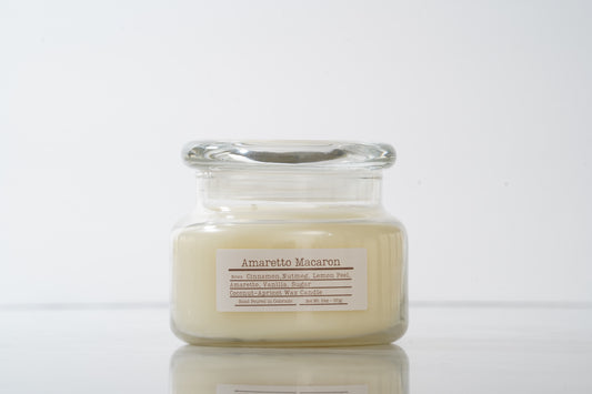 Amaretto Macaron labeled scented glass candle with lid