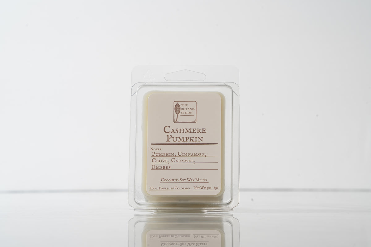 Cashmere Pumpkin wax melt in a clear container on a white background