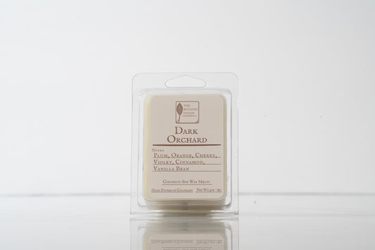 Wax melt package labeled 'Dark Orchard' on a white background