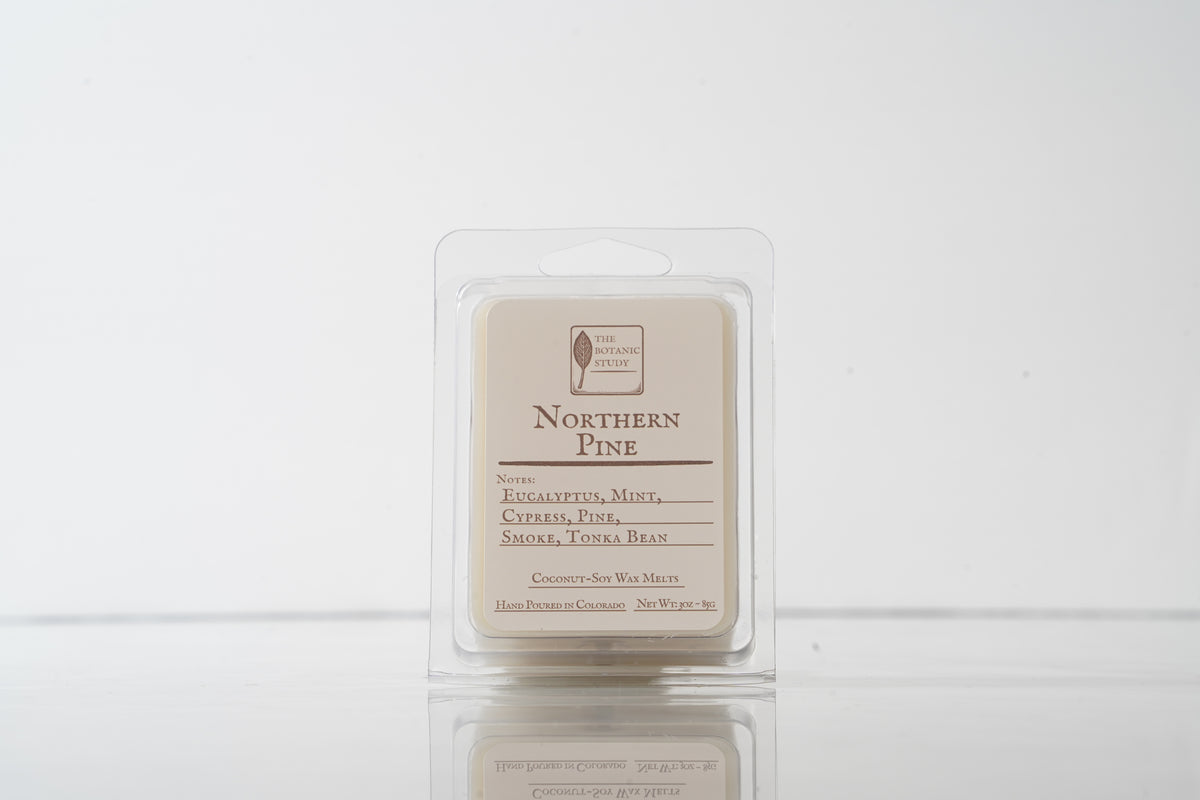 Wax melt packaging labeled 'Northern Pine' on a white background