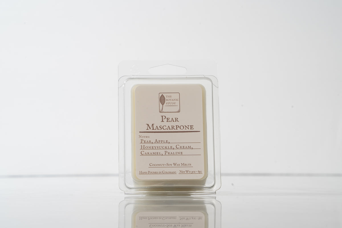 Pear Mascarpone wax melt packaging on a white background