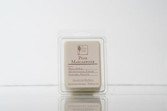 Pear Mascarpone wax melt packaging on a white background