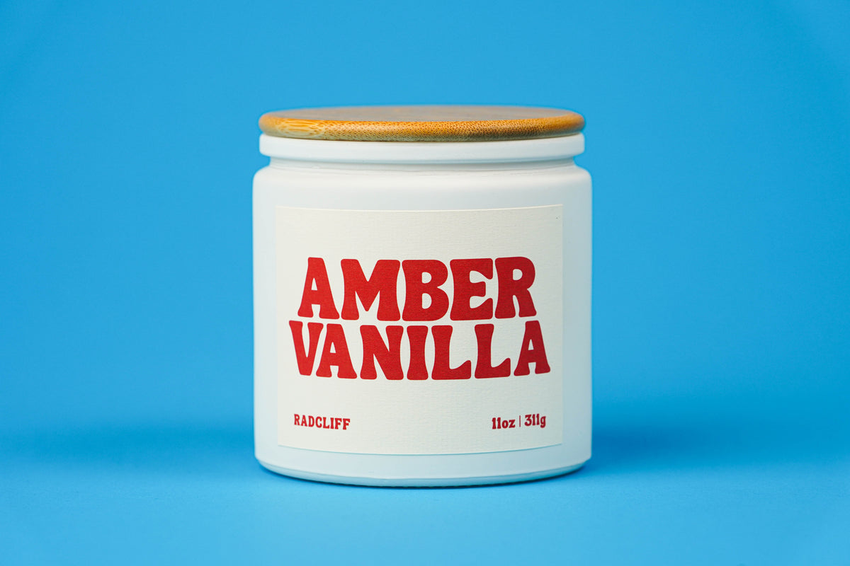 Amber Vanilla Candle - 11 oz white jar with bamboo lid
