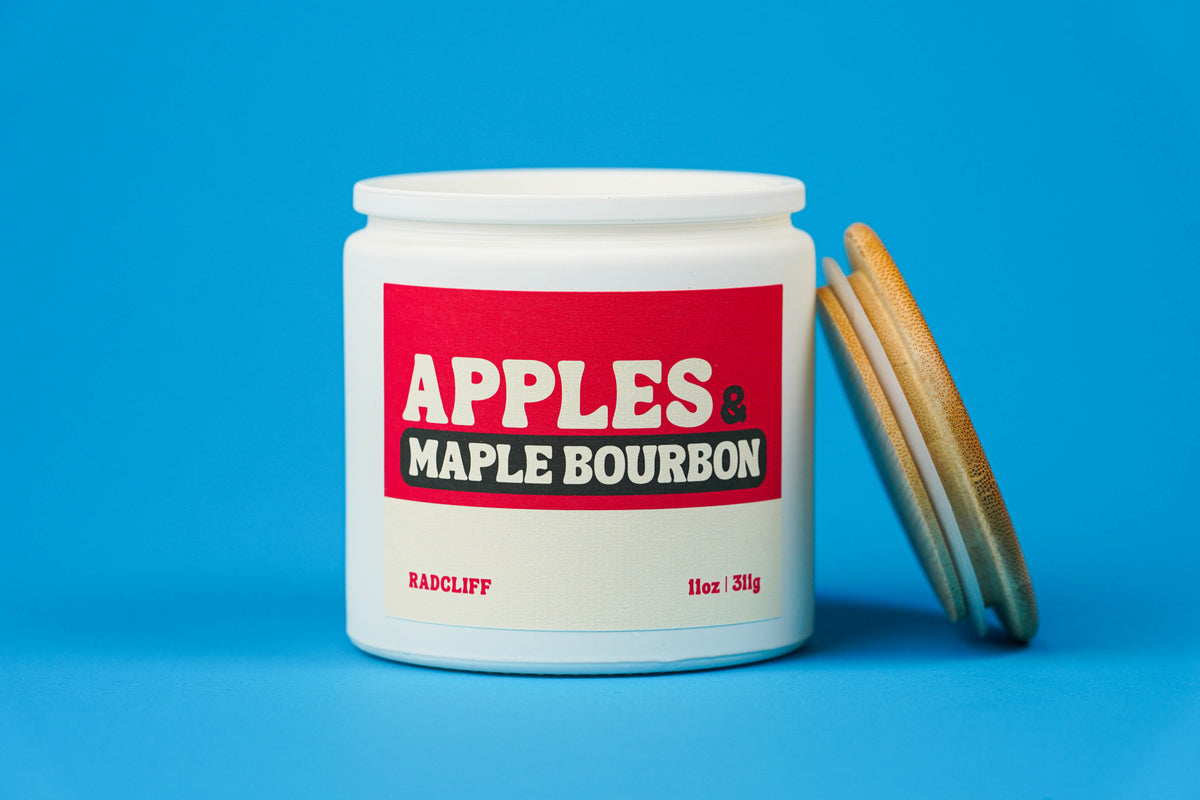 Apples & Maple Bourbon Candle - 11 oz white jar, lid off