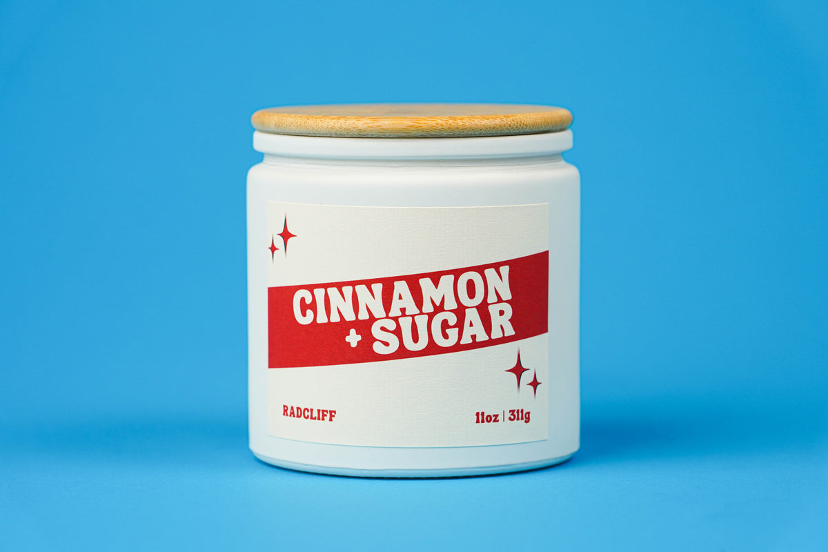 Cinnamon + Sugar Candle - 11 oz white jar with bamboo lid