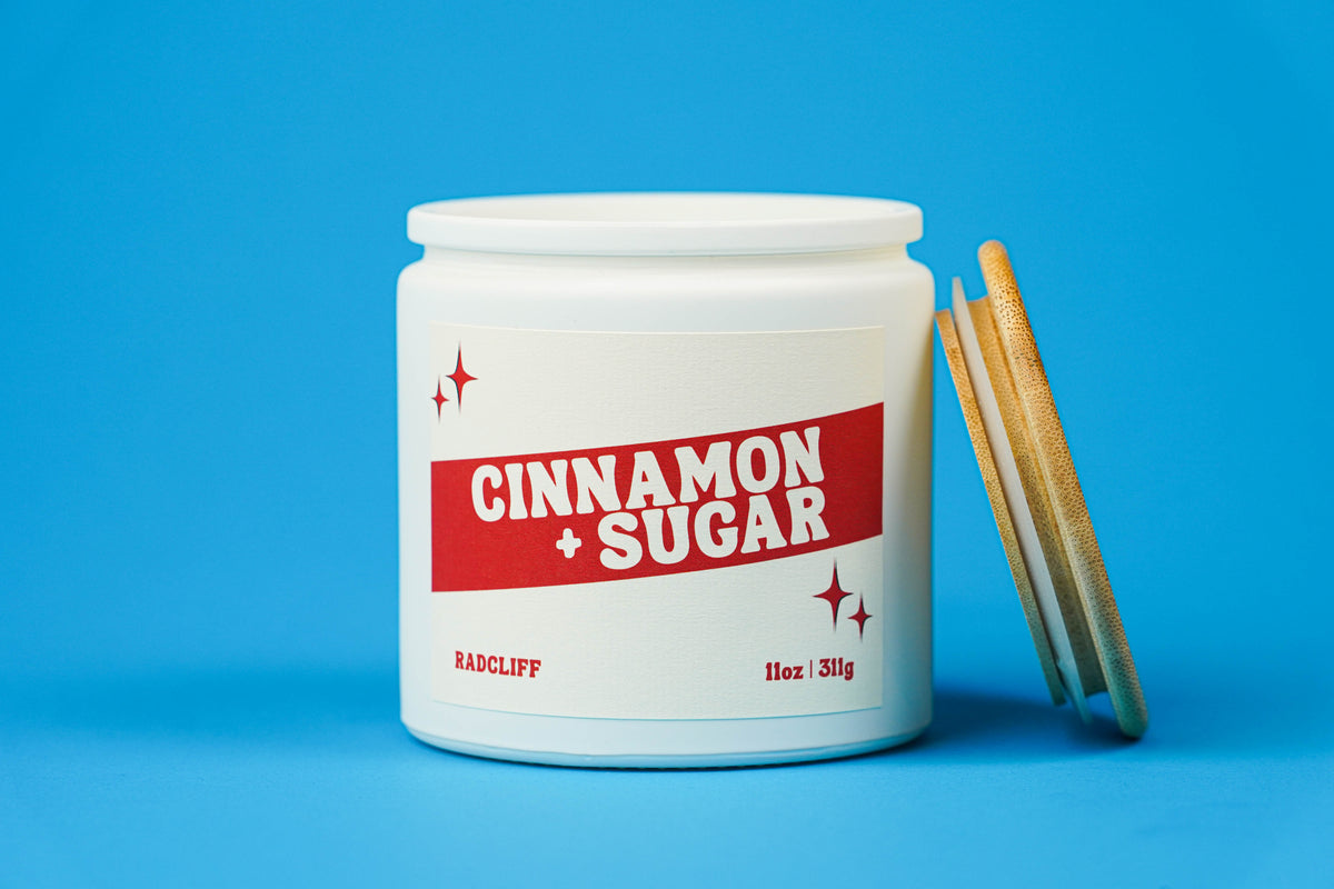 Cinnamon + Sugar Candle - 11 oz white jar, lid off