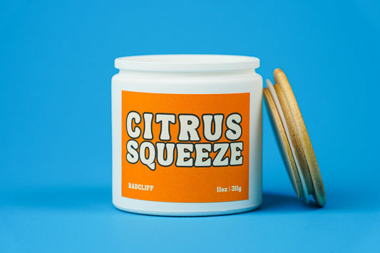 Citrus Squeeze Candle - 11 oz white jar, lid off