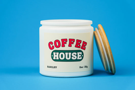 Coffee House Candle - 11 oz white jar, lid off