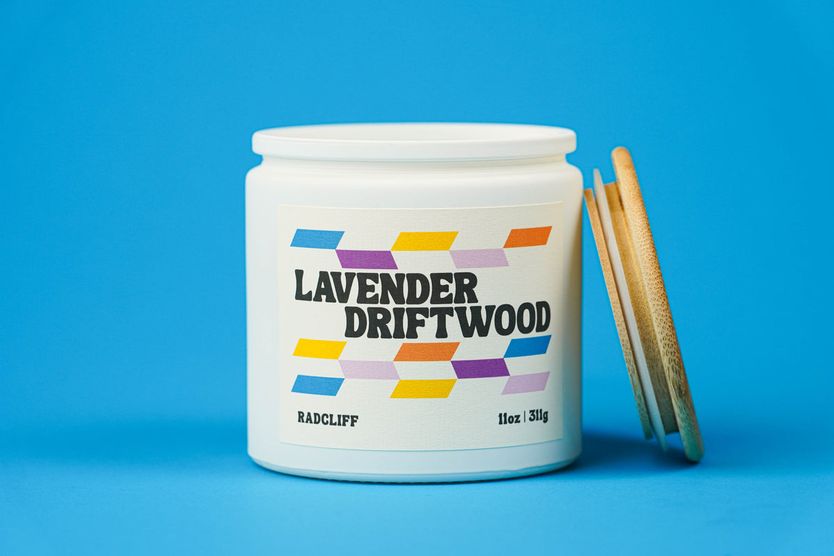 Lavender Driftwood Candle - 11 oz white jar, lid off