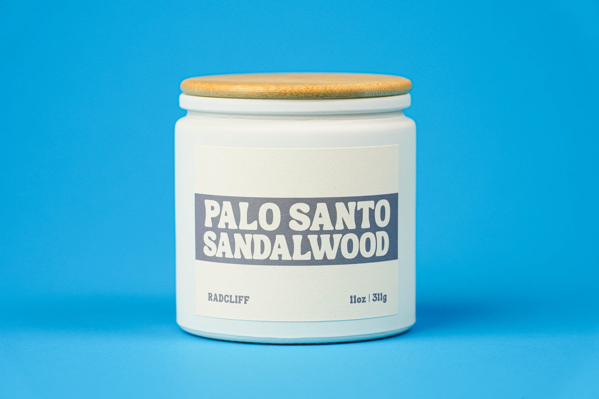 Palo Santo Sandalwood Candle - 11 oz white jar with bamboo lid