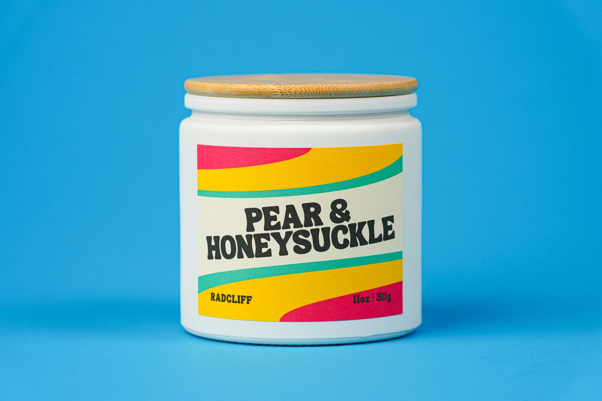 Pear & Honeysuckle Candle - 11 oz white jar with bamboo lid