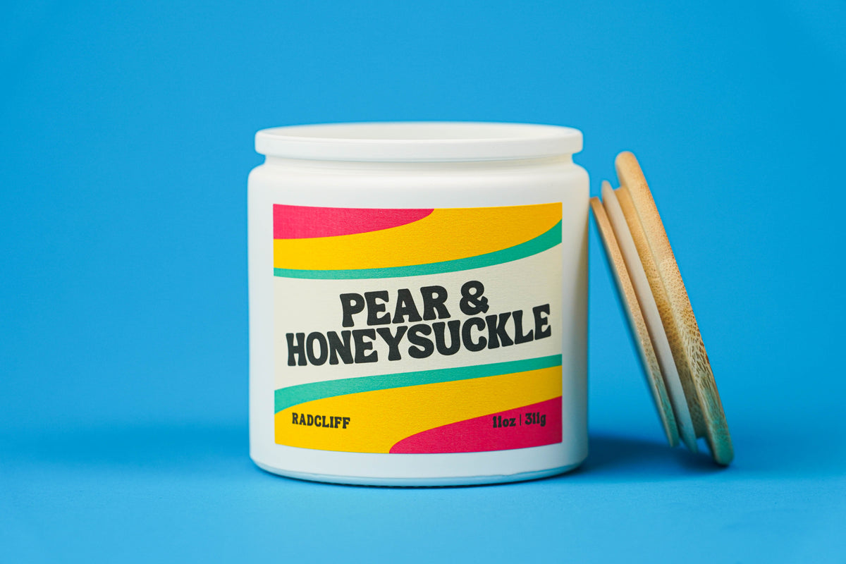 Pear & Honeysuckle Candle - 11 oz white jar, lid off