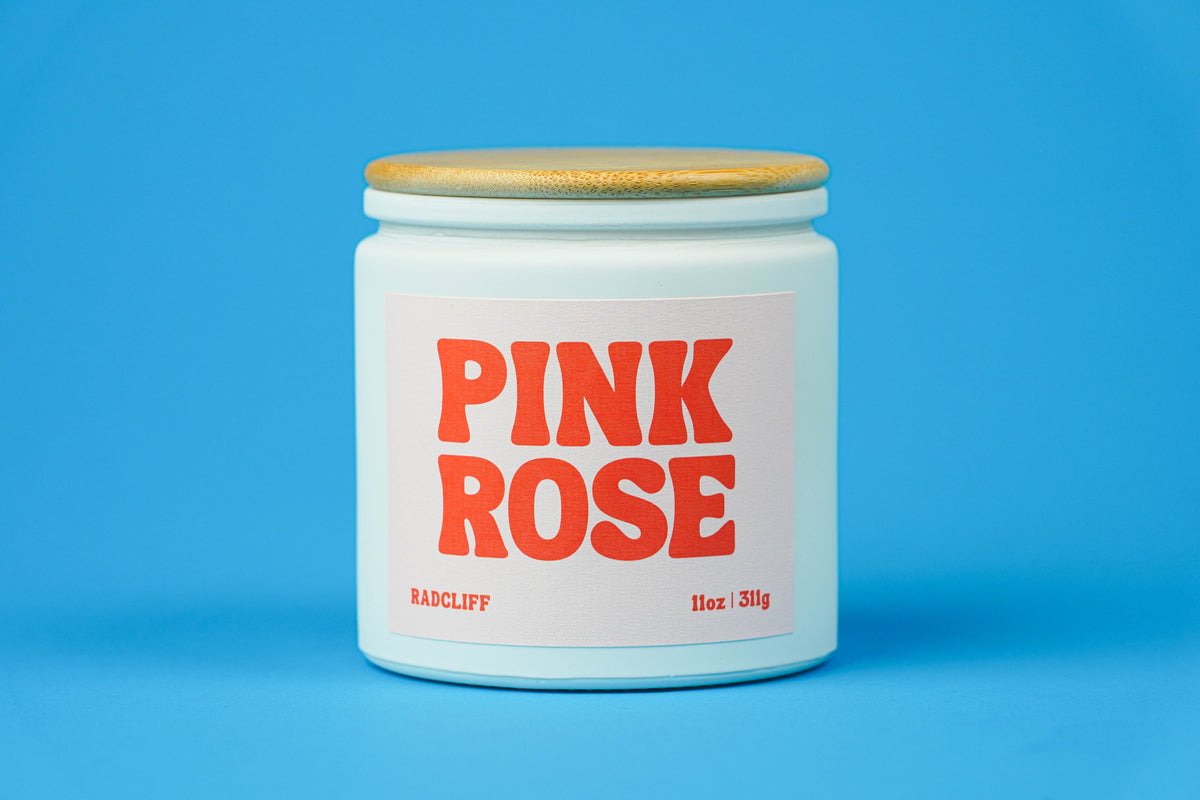 Pink Rose Candle - 11 oz white jar with bamboo lid