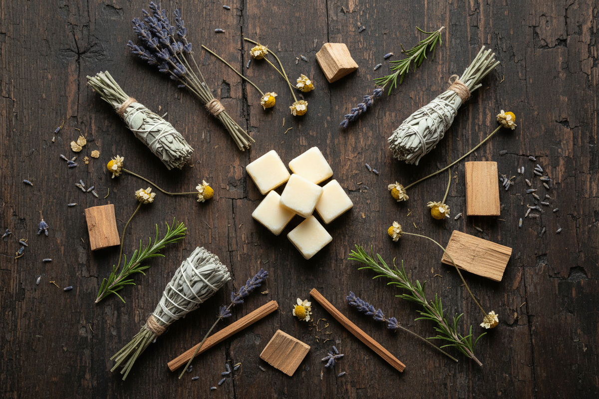 Wax melt cubes flat lay with dried foraged ingredients on distressed wood